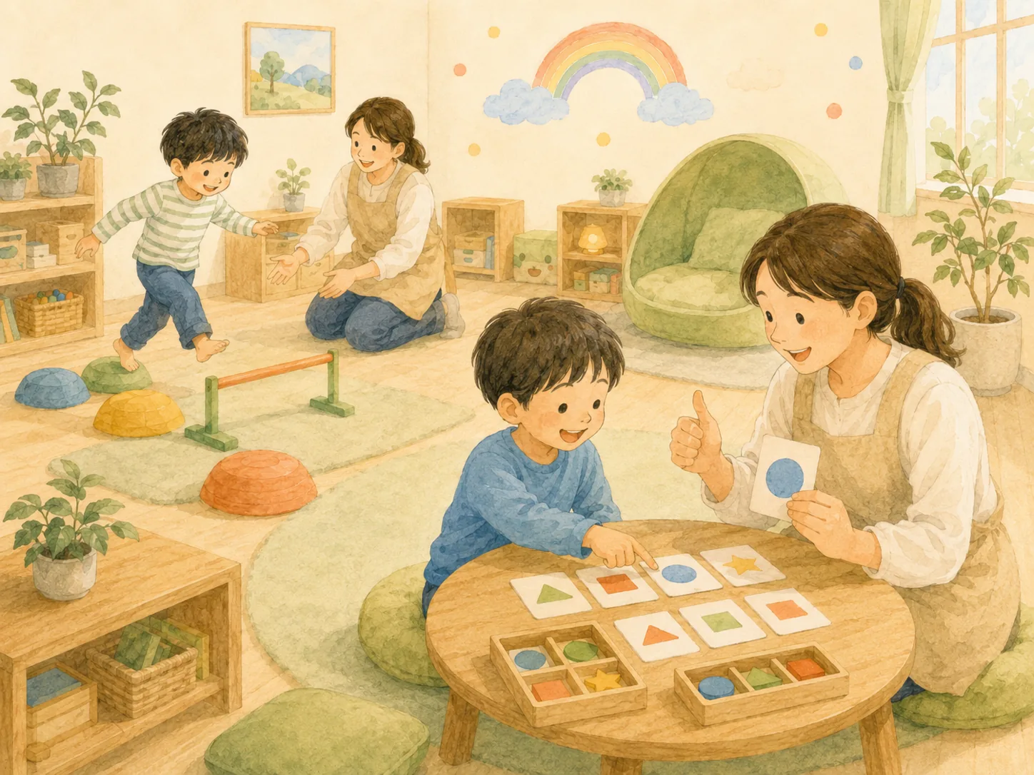 机上課題と運動遊びを組み合わせた支援のイラスト