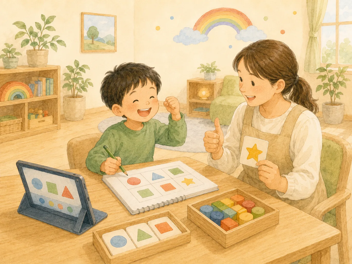 図形教材とタブレットを使った学習支援のイラスト