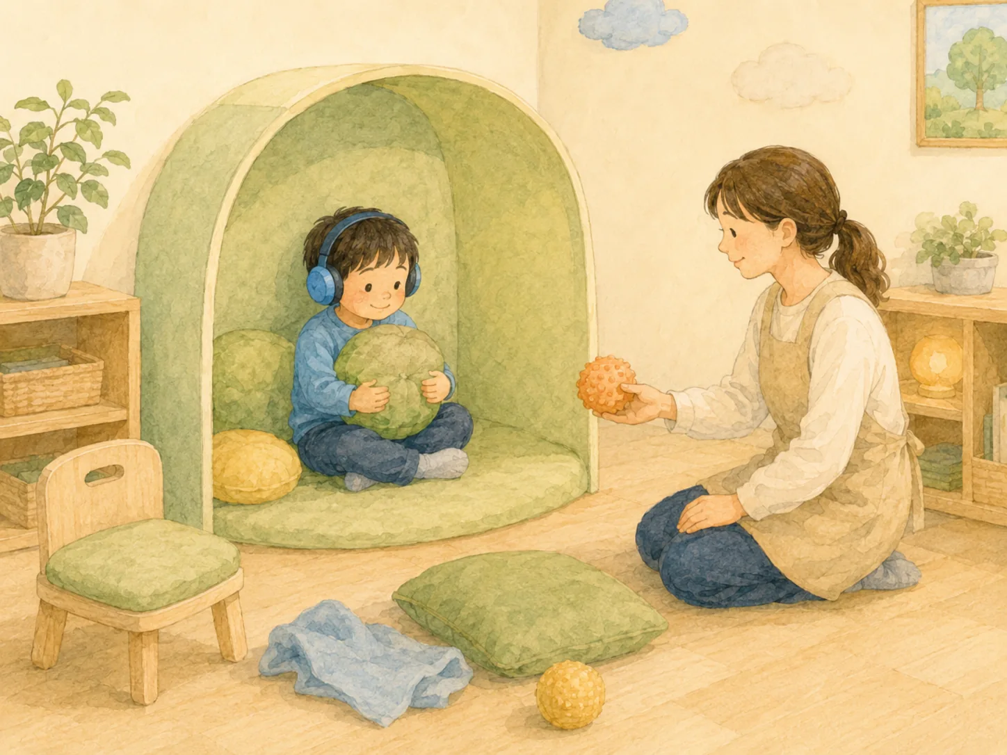 イヤーマフと落ち着けるスペースで安心して過ごす子どものイラスト